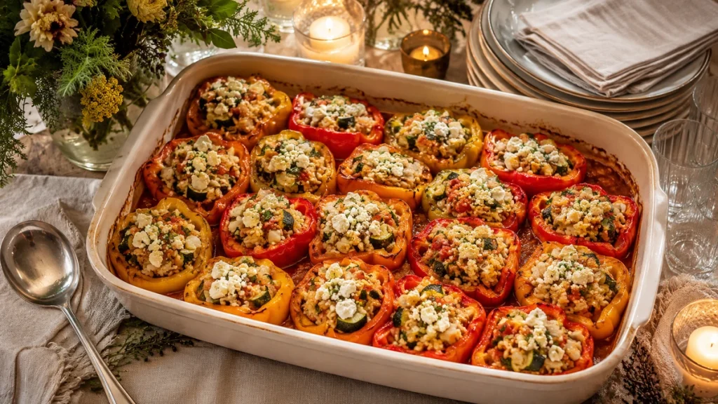 Gefüllte Paprika mit Reis und Feta fürs warme Buffet zum Geburtstag für 10–20 Gäste