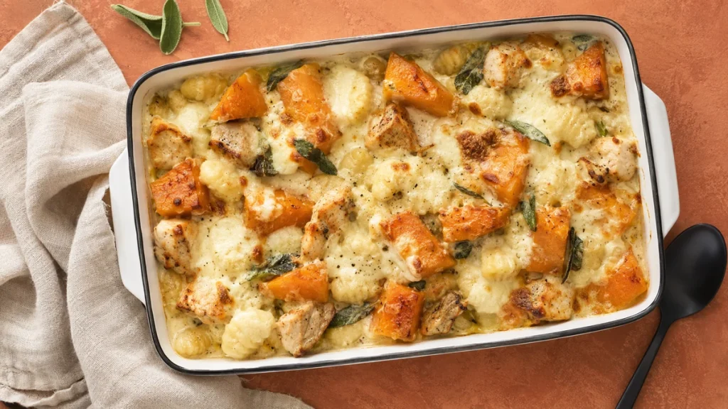 Kürbis-Gnocchi-Hähnchen-Auflauf mit Mozzarella und Salbei