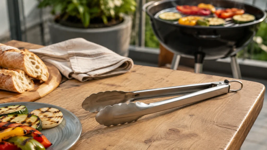 Edelstahl-Grillzange auf einem Holztisch mit Gemüse und kleinem Grill