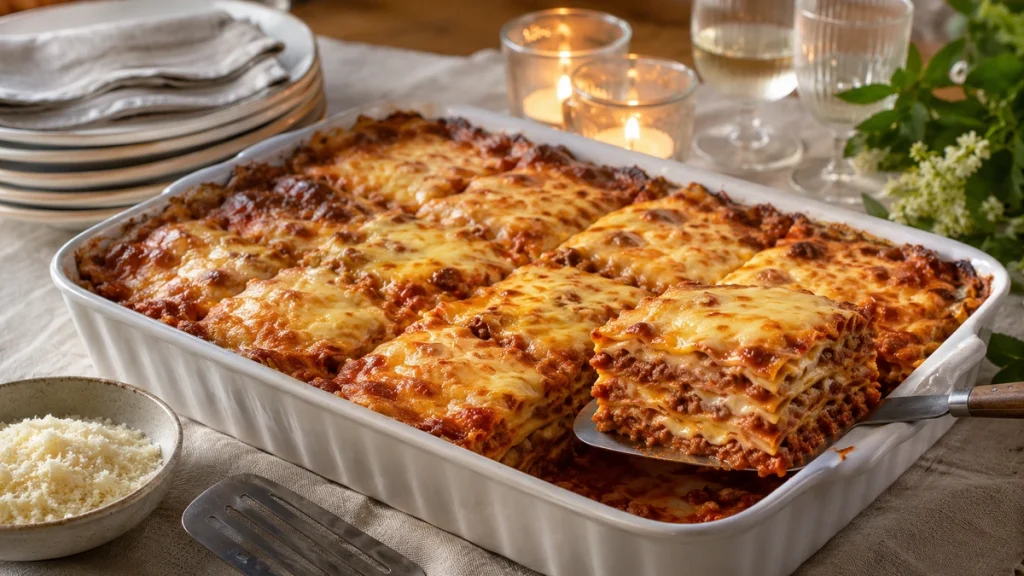 Lasagne Bolognese für ein warmes Buffet zum Geburtstag mit Hackfleisch, Bechamel und Käse