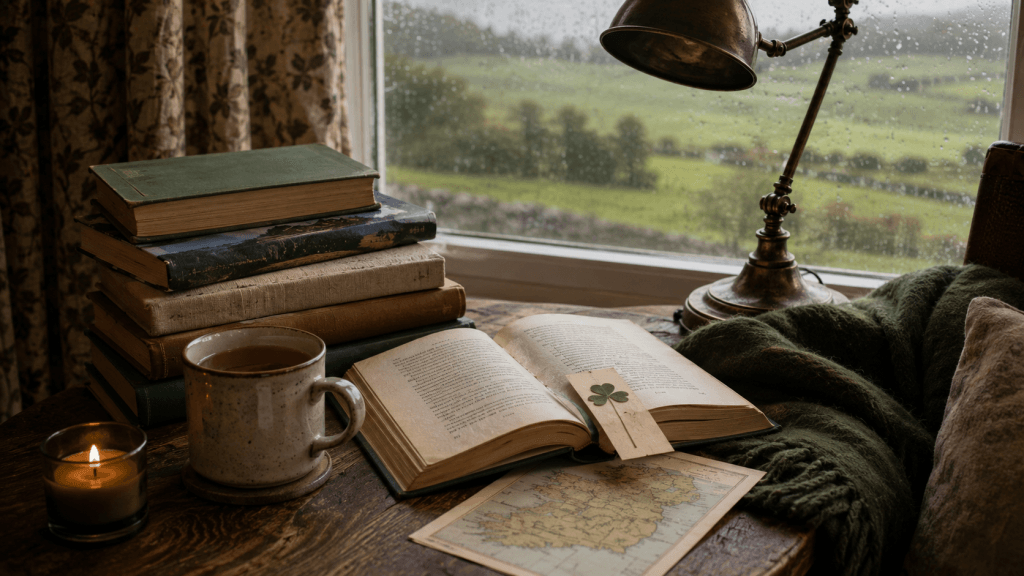 Gemütliche Leseecke mit Irland-Büchern, Tee, Kerze, alter Karte und grünem Blick durch ein regnerisches Fenster.