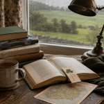 Gemütliche Leseecke mit Irland-Büchern, Tee, Kerze, alter Karte und grünem Blick durch ein regnerisches Fenster.
