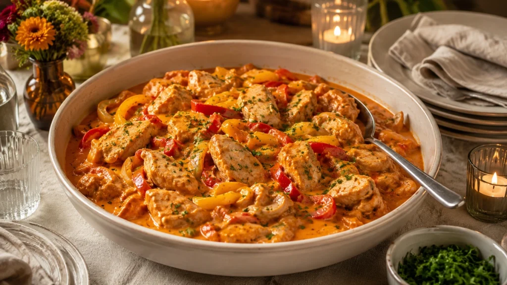 Hähnchen in Paprika-Sahne-Soße für ein warmes Buffet zum Geburtstag mit roter und gelber Paprika