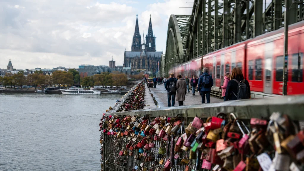 Hohenzollernbrücke mit Liebesschlössern, Rhein und Zug bei einer Stadtführung Köln