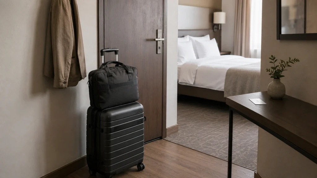 Gepäck steht vor dem Check-out eines Hotelaufenthalts bereit