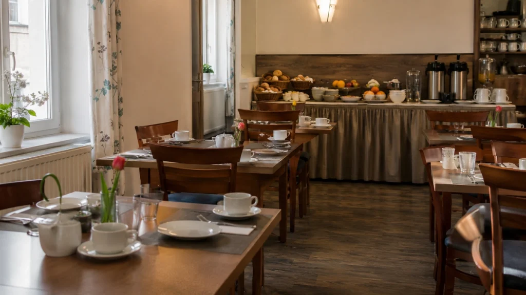 Ruhiger Frühstücksraum eines kleinen Hotels mit vorbereiteten Tischen