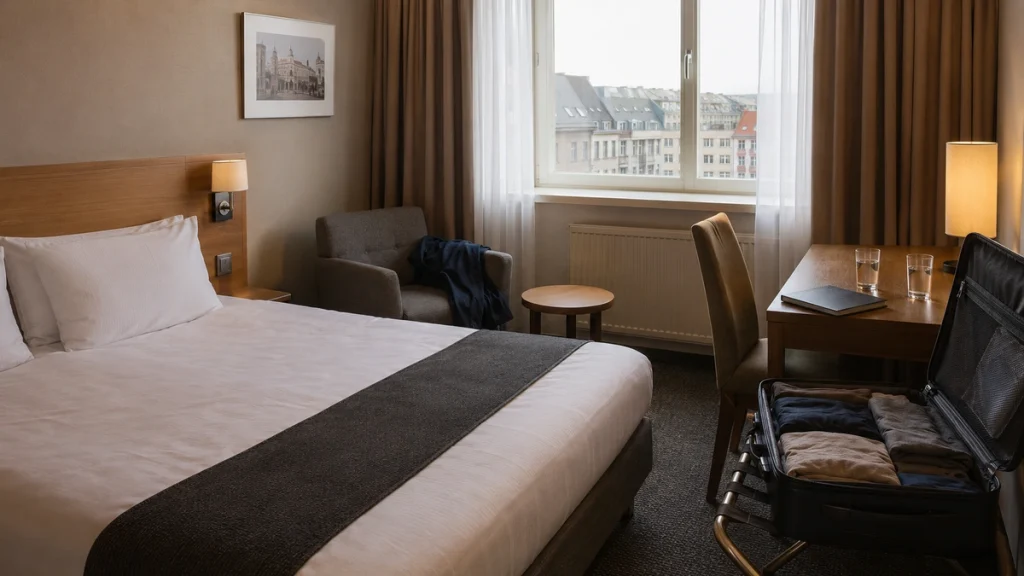 Bezogenes Hotelzimmer mit offenem Koffer als Beispiel für Komfort bei Hotel oder Ferienhaus