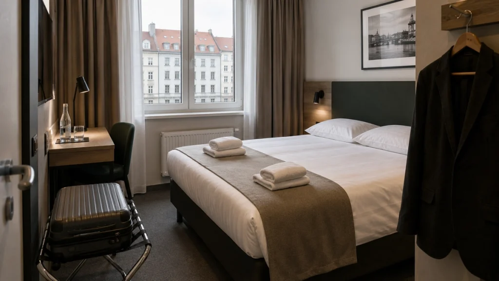 Praktisch eingerichtetes Hotelzimmer für einen kurzen Aufenthalt