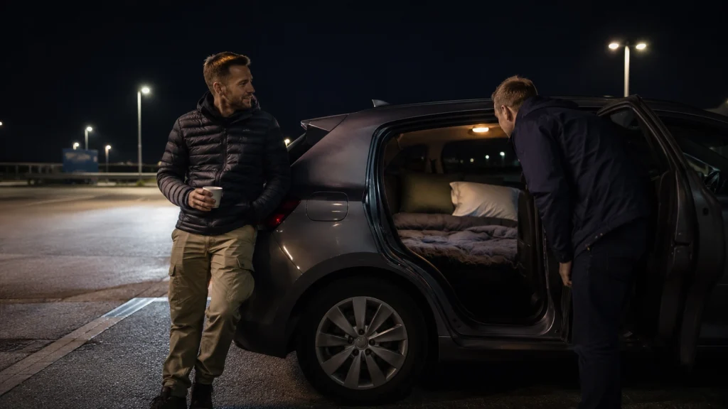 Zwei Freunde pruefen nachts den Schlafplatz im Auto bei einem Raststopp
