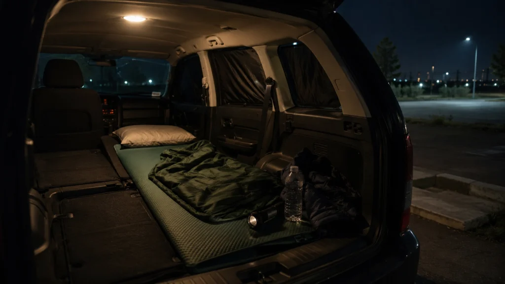 Vorbereiteter Schlafplatz im Auto mit Matte, Decke, Kissen und Wasserflasche