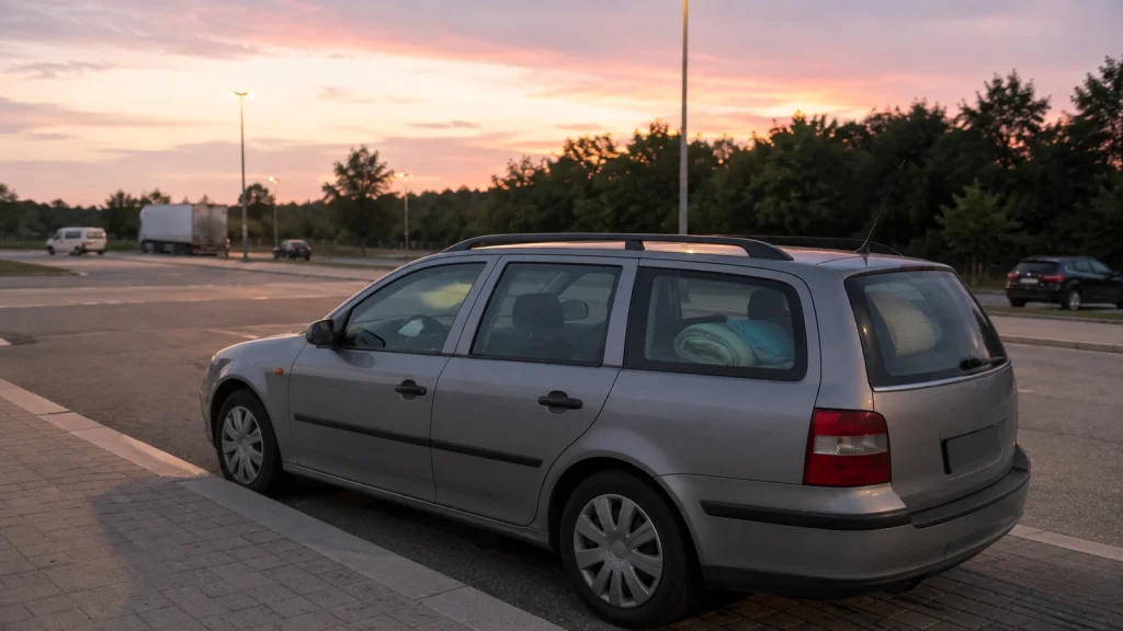 Normales Auto auf sicherem Parkplatz zum Schlafen im Auto bei Dämmerung