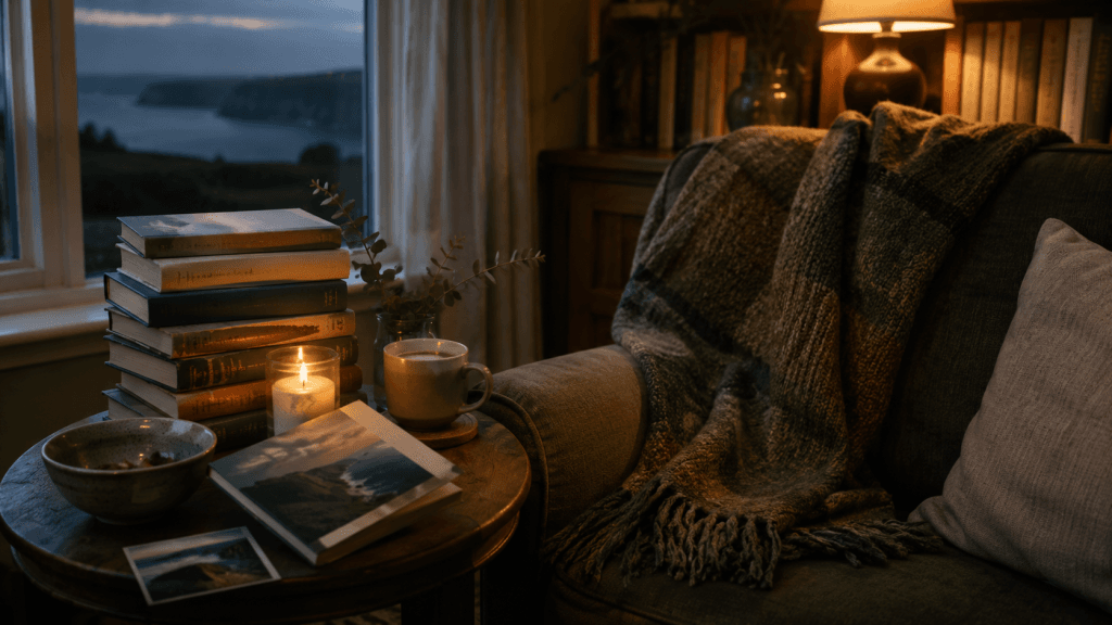 Ein gemütlicher Abend zu Hause mit Irland-Büchern, Tee, Kerze, weicher Decke und Blick in die blaue Dämmerung.