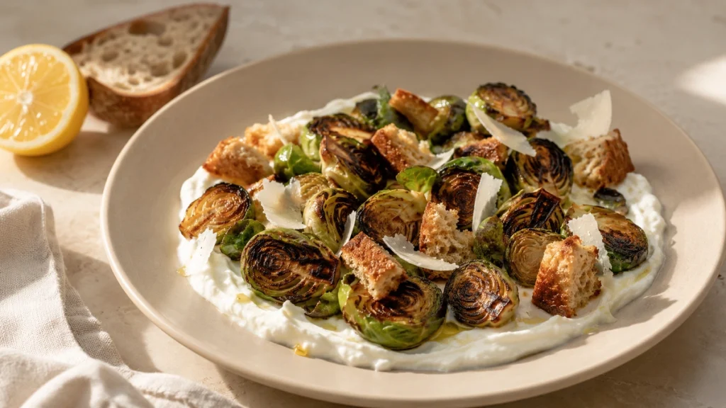 Jamie Oliver gebratener Rosenkohl aus der Pfanne mit Joghurt und Croutons