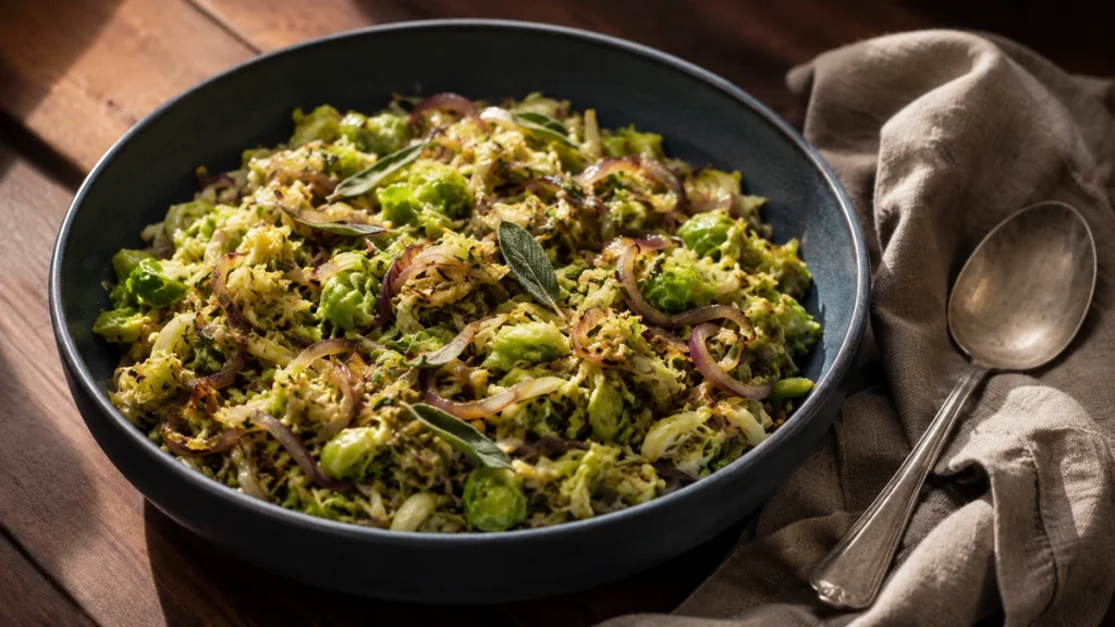 Jamie Oliver geraspelter Rosenkohl aus der Pfanne mit Worcestersauce und Salbei