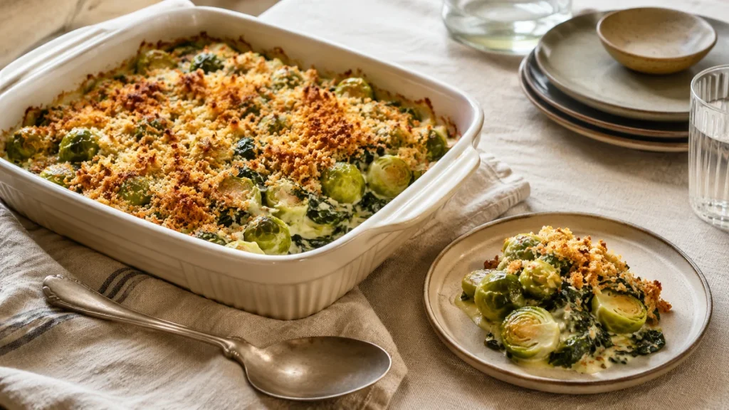 Jamie Oliver Rosenkohl-Gratin aus dem Ofen mit Käse, Spinat und Knoblauchbrot