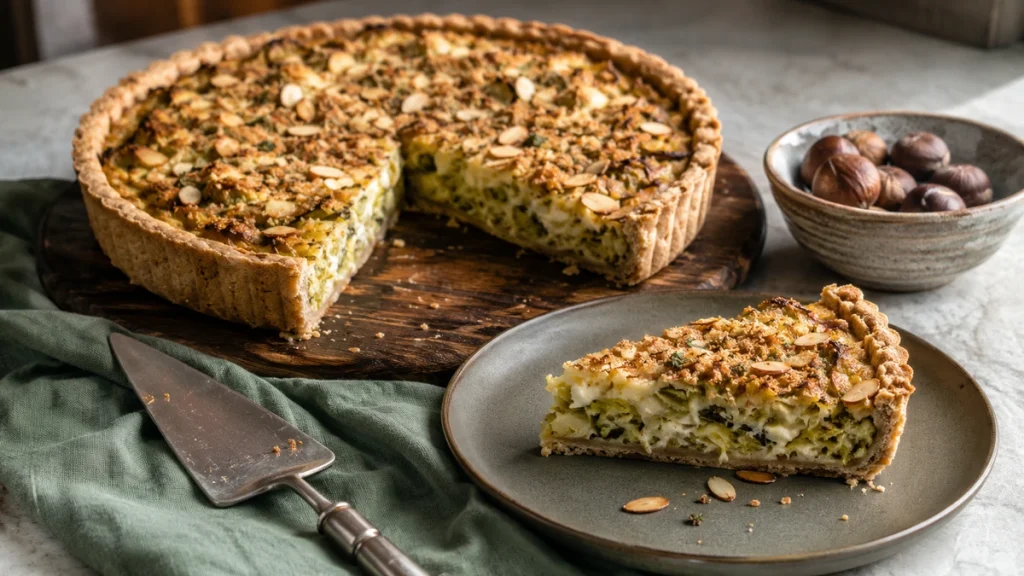 Jamie Oliver Rosenkohl-Maronen-Tarte mit Käse, Mandeln und knusprigem Teig
