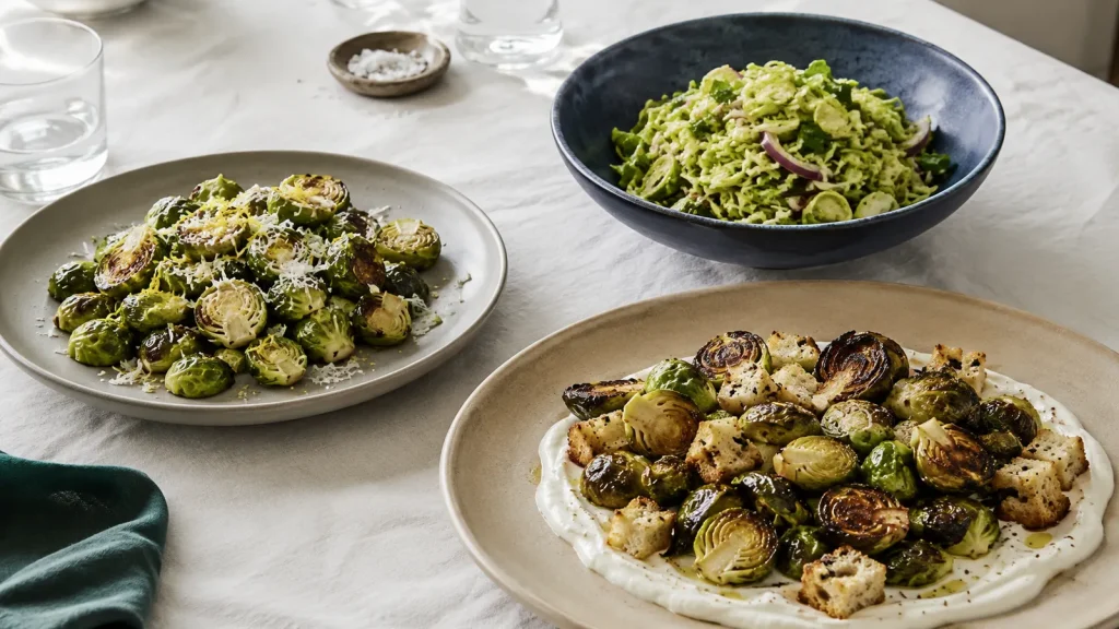 Drei moderne Jamie Oliver Rosenkohl-Rezepte aus Ofen und Pfanne mit Parmesan, roten Zwiebeln, Joghurt und Croutons