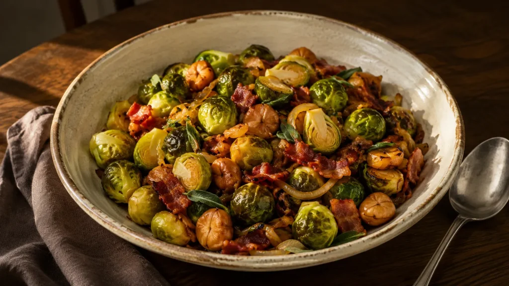 Jamie Oliver Rosenkohl aus der Pfanne mit geräuchertem Speck, Kastanien, karamellisierten Zwiebeln und Salbei