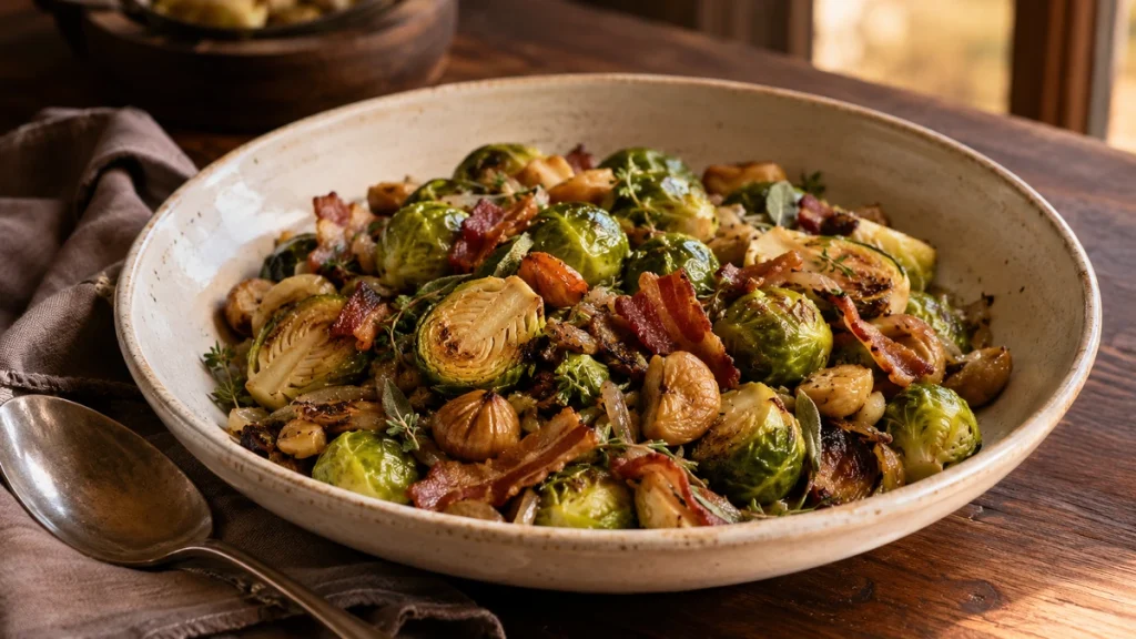 Jamie Oliver Rosenkohl mit Speck, Maronen, Zwiebeln und Kräutern aus der Pfanne