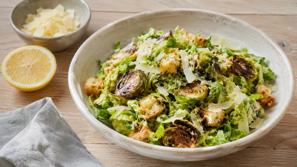 Jamie Oliver Rosenkohlsalat Caesar-Style mit Parmesan, Croutons und Joghurtdressing