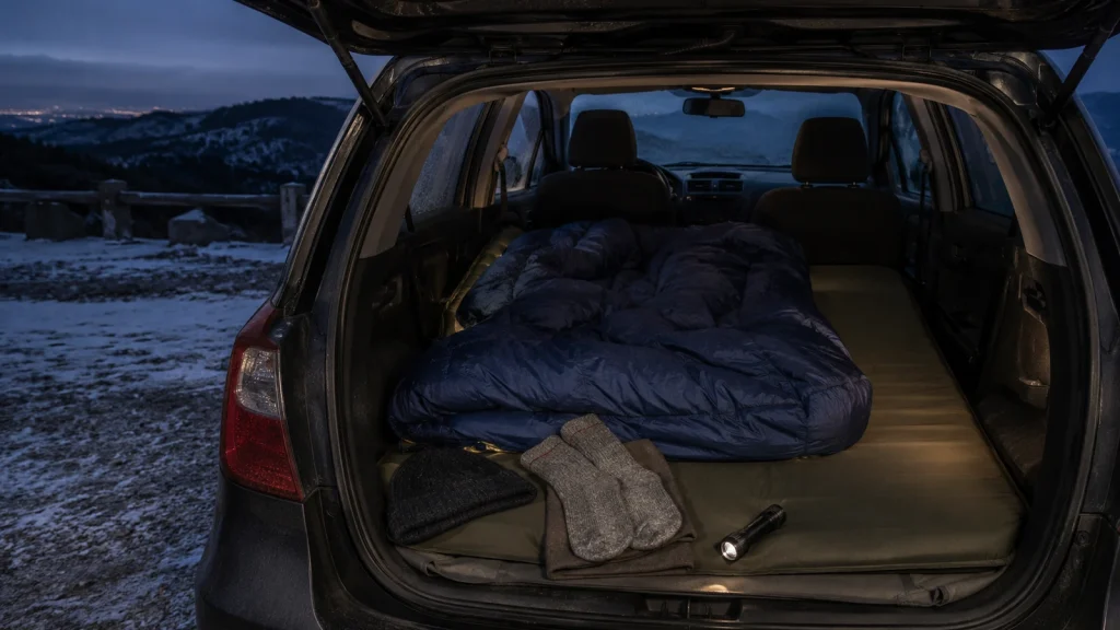 Warmer Schlafplatz im Auto mit Schlafsack, Matte und Wollsocken