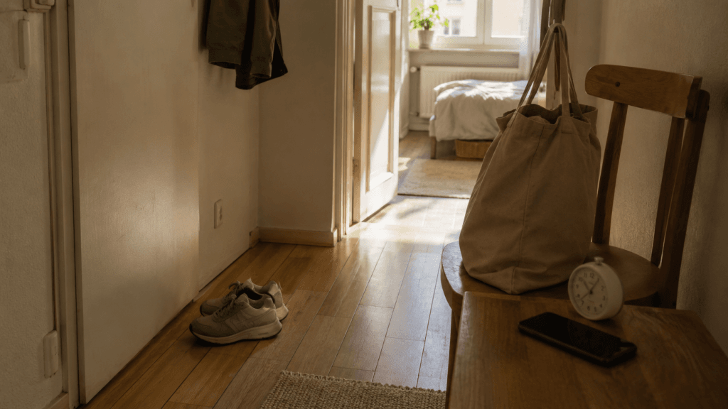 Schuhe, Tasche und Timer im Flur als kleiner Ritual fuer Ziele trotz Motivation