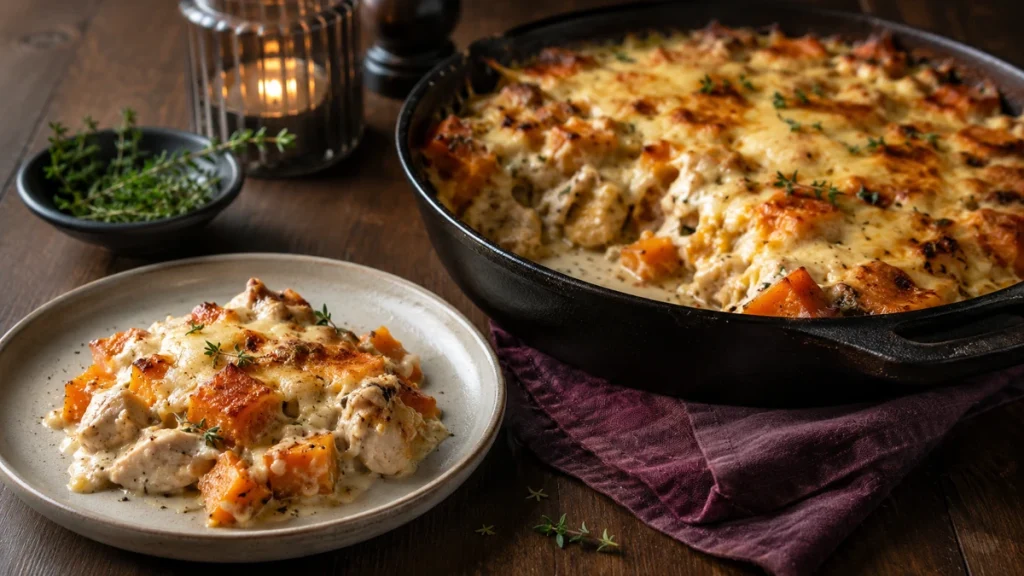 Cremiger Kürbis-Hähnchen-Auflauf mit Gouda und servierter Portion