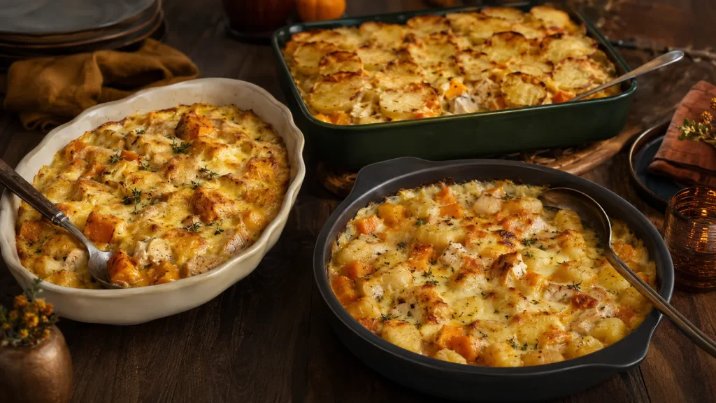 Drei Kürbis-Hähnchen-Aufläufe mit Gouda, Kartoffeln und Gnocchi