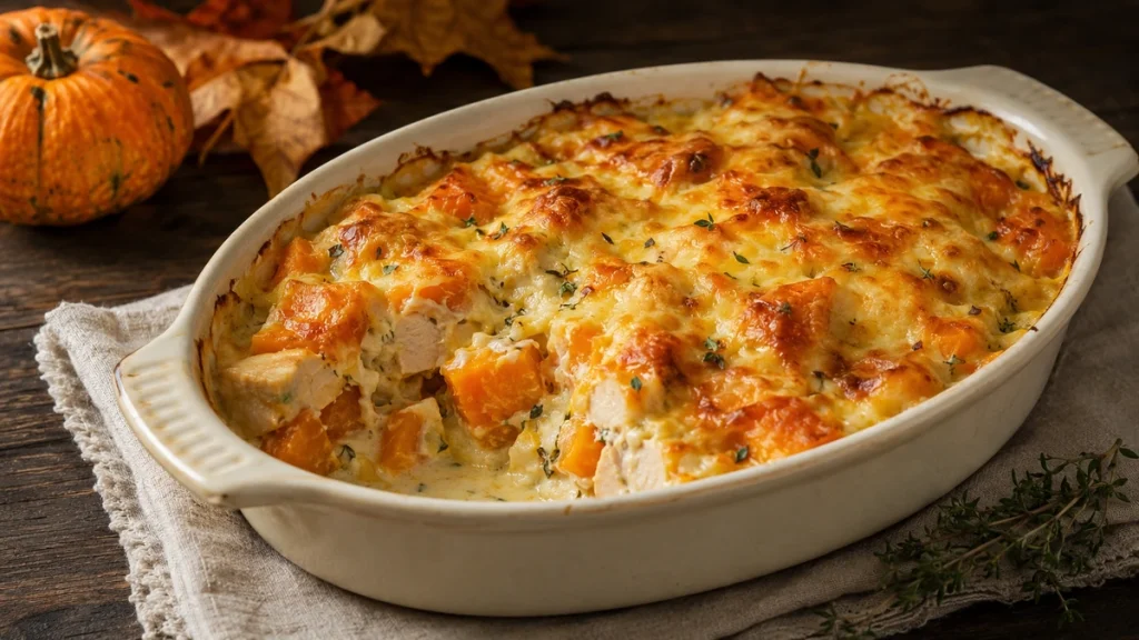 Kürbis-Hähnchen-Auflauf mit Hokkaido, Gouda und cremiger Thymiansauce