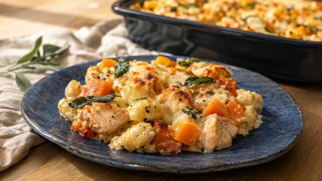 Servierter Kürbis-Hähnchen-Auflauf mit Gnocchi und Mozzarella
