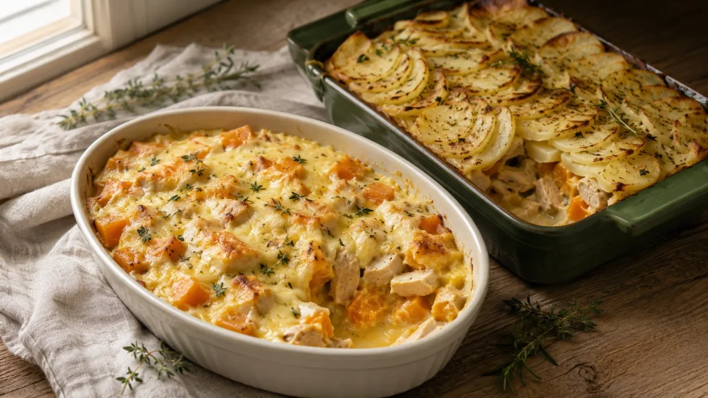 Cremiger Kürbis-Hähnchen-Auflauf und Variante mit Kartoffeln