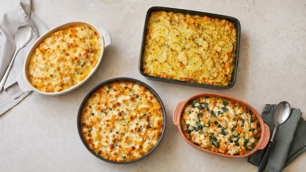 Kürbis-Hähnchen-Auflauf mit Kartoffeln, Gnocchi und Low Carb von oben