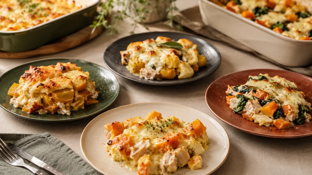 Vier Portionen Kürbis-Hähnchen-Auflauf mit Kartoffeln, Gnocchi und Spinat