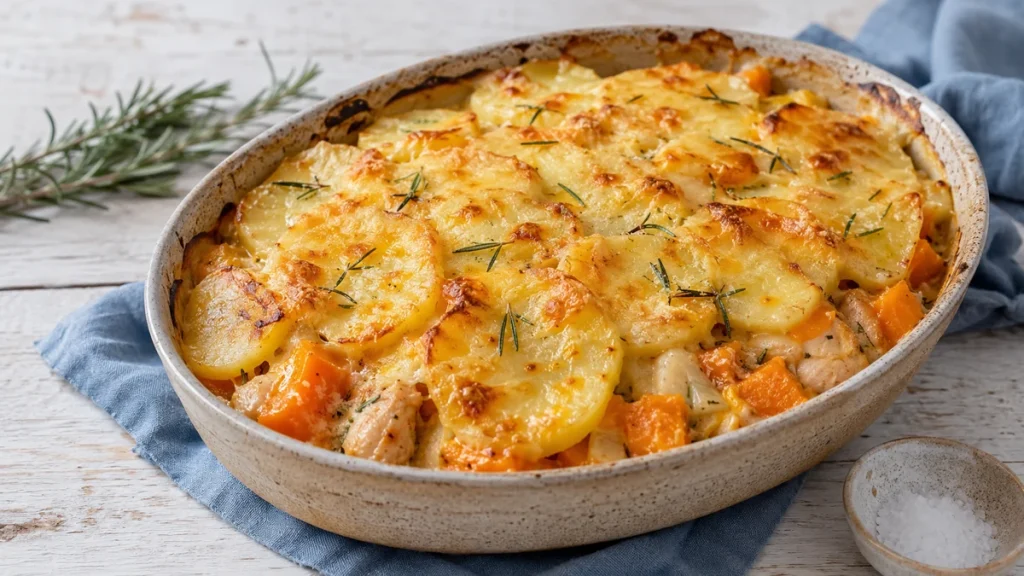 Kürbis-Kartoffel-Hähnchen-Auflauf mit Käse und Rosmarin