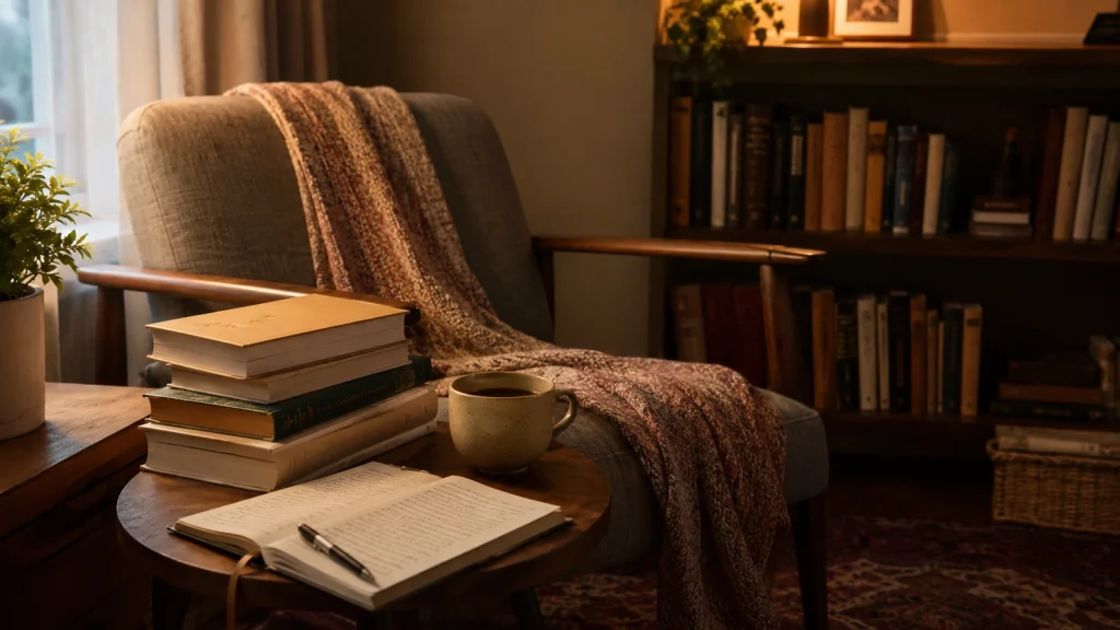 Gemütliche Leseecke mit Büchern und Notizbuch als Szene zu Emotionen und Selbstreflexion