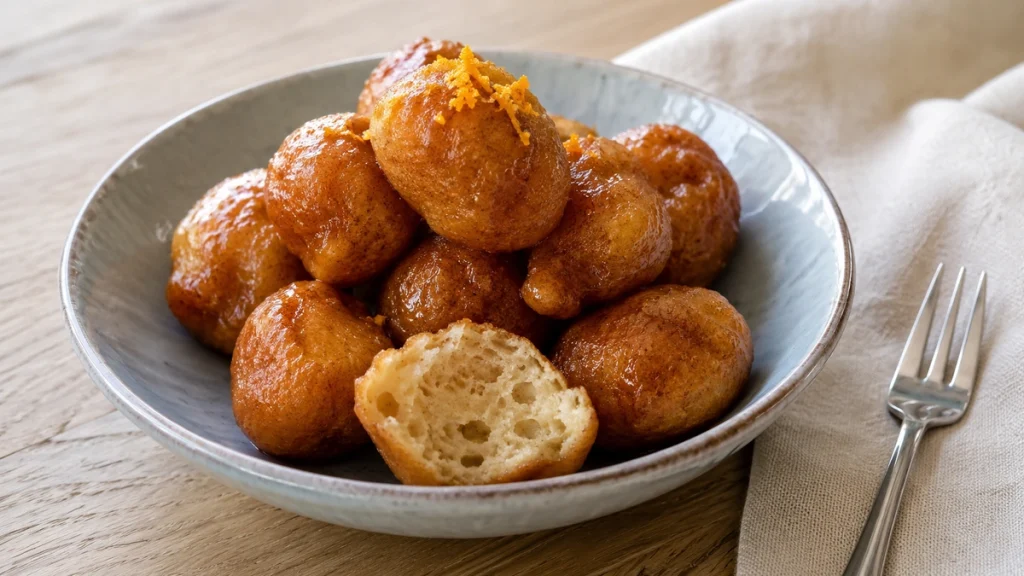Einfaches Loukoumades Rezept aus zwei Zutaten als kleine Portion mit Honig, Zimt und Orangenzeste