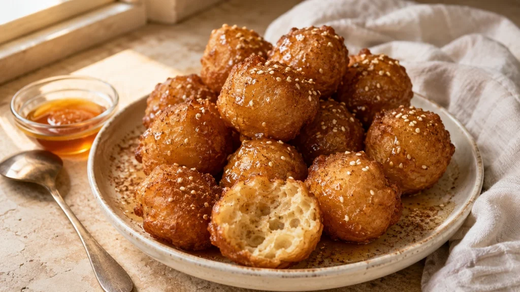 Loukoumades Rezept original mit Hefeteig, Honig, Zimt und Sesam auf einer hellen Keramikplatte