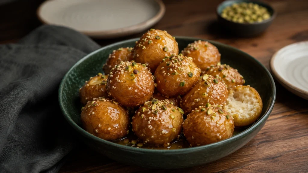 Loukoumades Rezept original mit Honig, Pistazien und Sesam auf einer ovalen Servierplatte