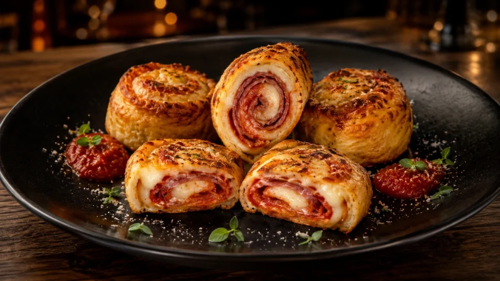 ow Carb Fathead-Pizzaschnecken mit Salami auf schwarzem Restaurantteller