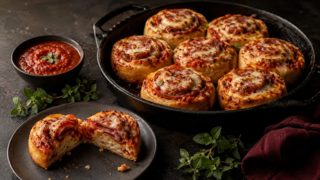 Low Carb Fathead-Pizzaschnecken mit Salami und Mozzarella in Gusseisenform