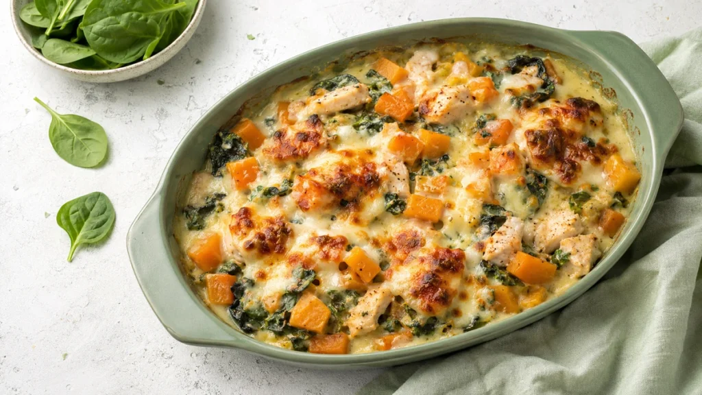 Low-Carb Kürbis-Hähnchen-Auflauf mit Spinat und Mozzarella