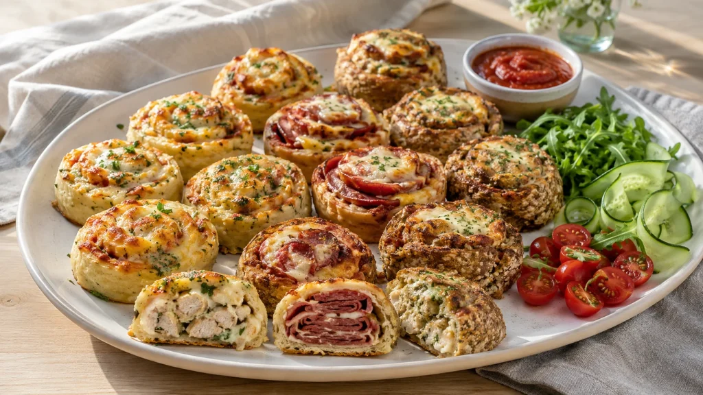 Low Carb Pizzaschnecken mit Skyr, Fathead und Quark auf einer großen Brunchplatte
