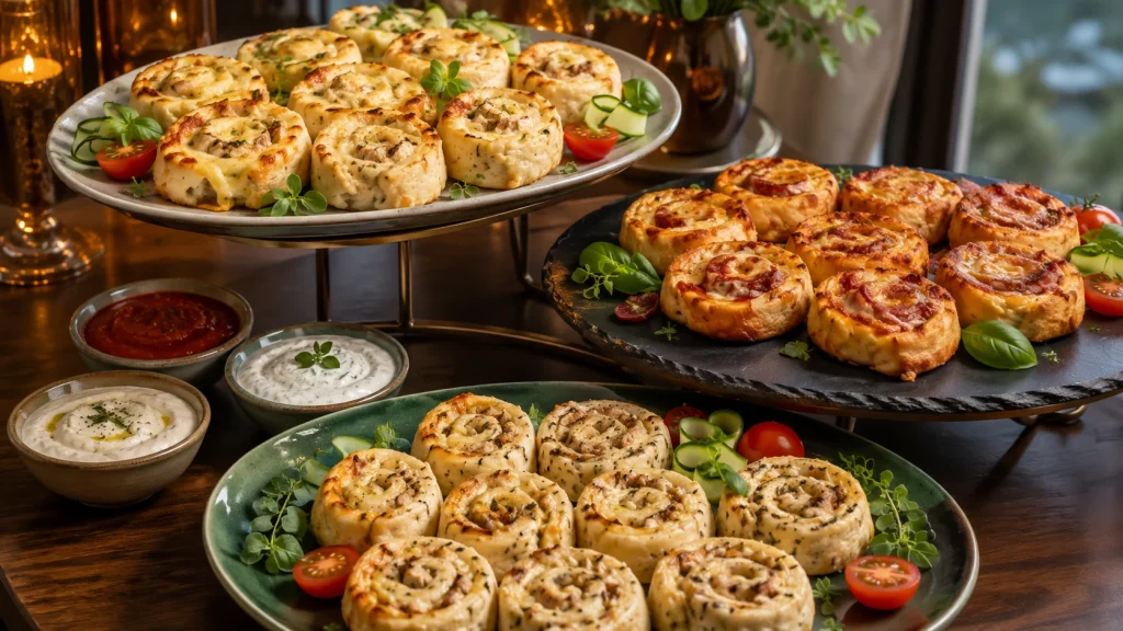 Low Carb Pizzaschnecken-Buffet mit Skyr, Fathead-Teig und Quark auf drei Servierplatten