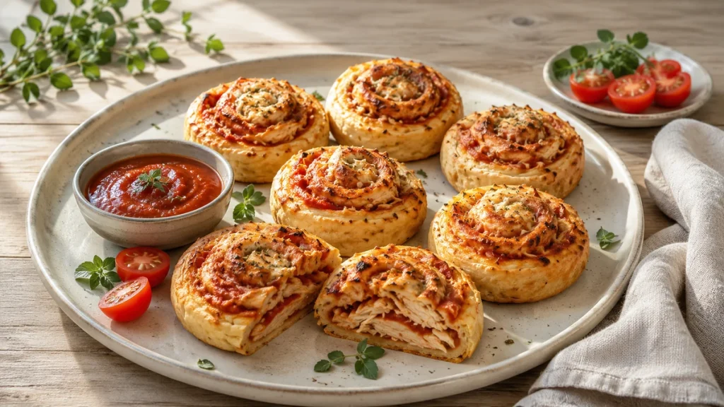 Low Carb Pizzaschnecken mit Skyr und Hähnchen auf hellem Keramikteller