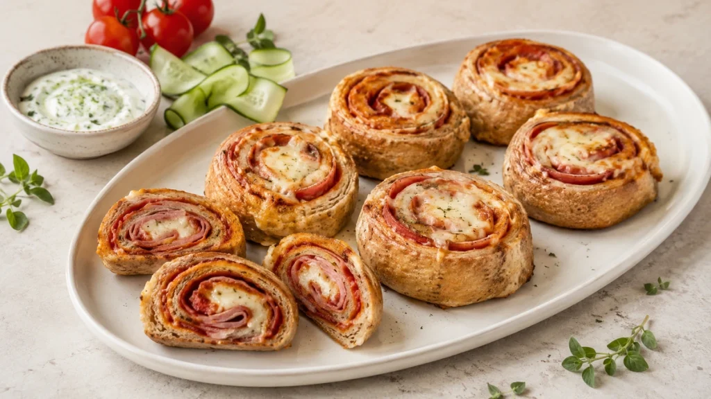 Low Carb Quark-Pizzaschnecken mit Leinmehl, Salami und Kräuterdip