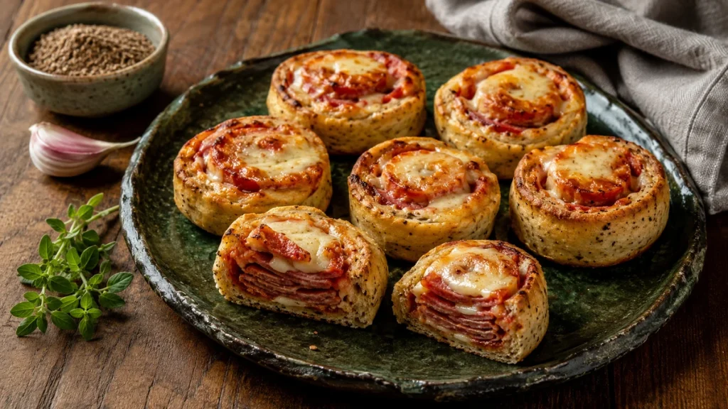 Low Carb Quark-Pizzaschnecken mit Leinmehl, Salami und Mozzarella