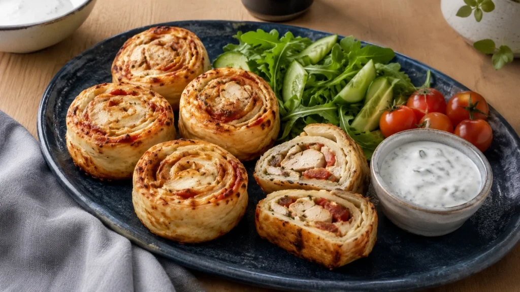 Low Carb Skyr-Pizzaschnecken mit Hähnchen, Salat und Kräuterdip