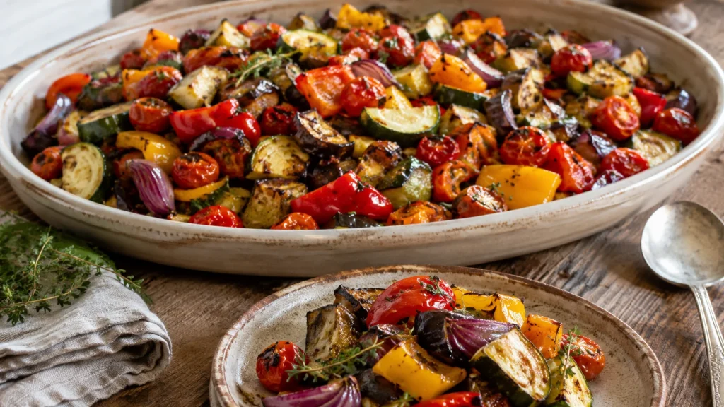 Große Schale mit gerösteten Zucchini, Auberginen, Paprika, Tomaten und roten Zwiebeln