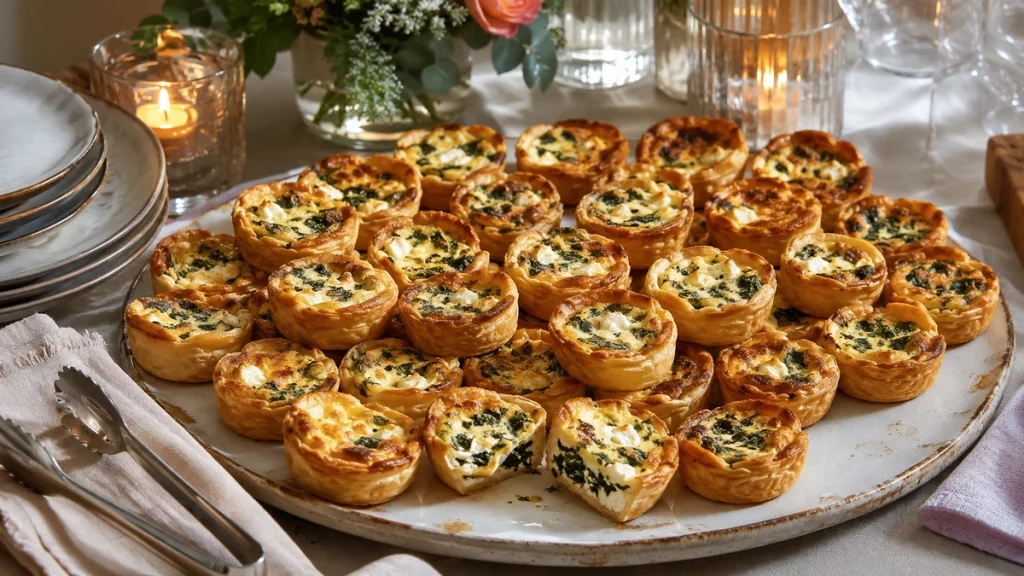 Große Platte mit Mini-Quiches aus Blätterteig, Spinat und Feta für viele Gäste