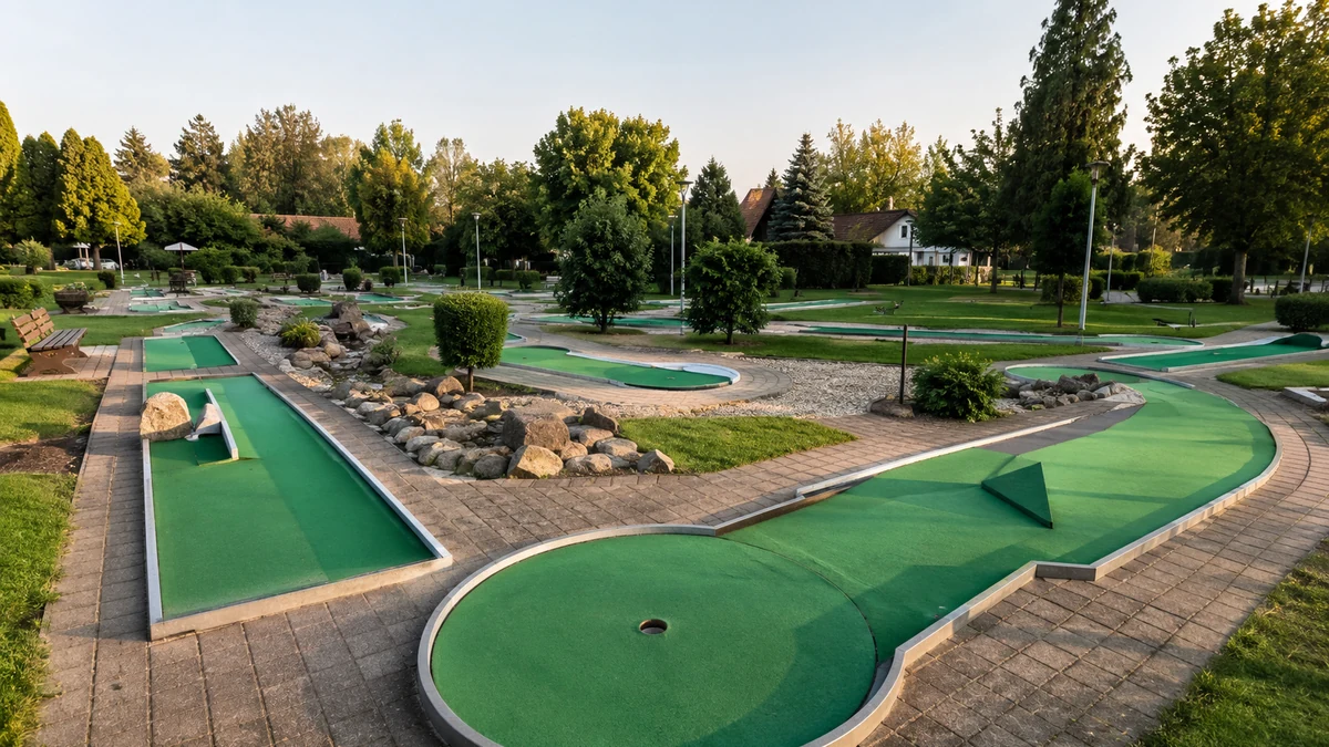 Grüne Minigolfbahnen mit verschiedenen Hindernissen und Zielbereichen